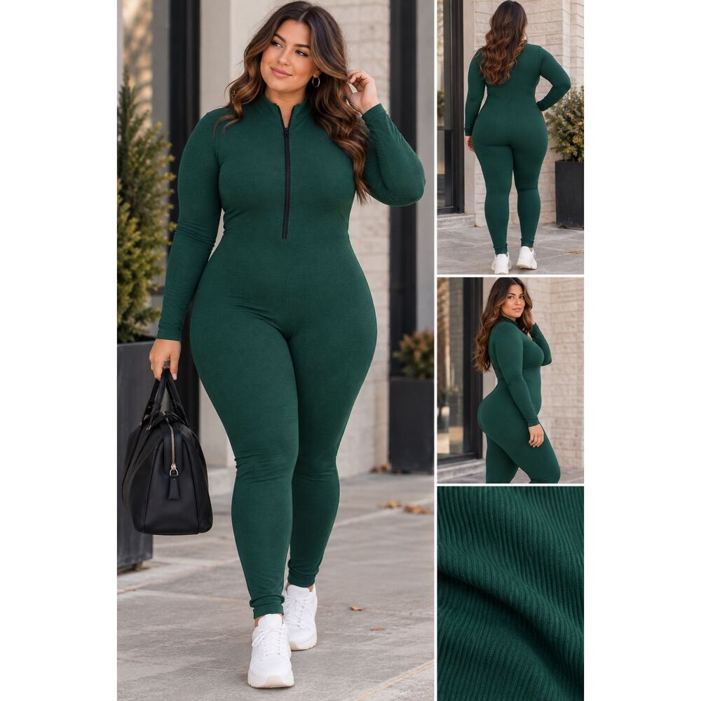 Hunter Green Ribbed Zip Front Bodycon Jumpsuit Women’s 2X Long Sleeve NWT